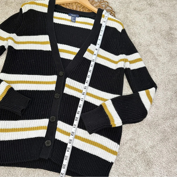 Forever21 Black & Off-White Yellow Striped Open Front Button Cardigan Sweater - Picture 13 of 13